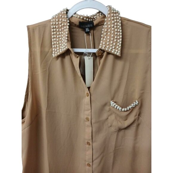 Sleeveless Blouse With Pearl Embellished Collar & Pocket Trim Zenobia 3XL - Picture 2 of 5
